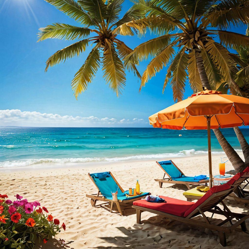 A vibrant beach scene showcasing diverse models in trendy bikinis and beachwear, with colorful beach umbrellas and sun loungers in the background. Sunshine streaming down, highlighting the joyful atmosphere of summer fun. Include accessories like sunglasses, beach hats, and a refreshing drink on a table. The ocean waves gently lapping at the shore, creating a perfect summer vibe. super-realistic. vibrant colors. sunny atmosphere.
