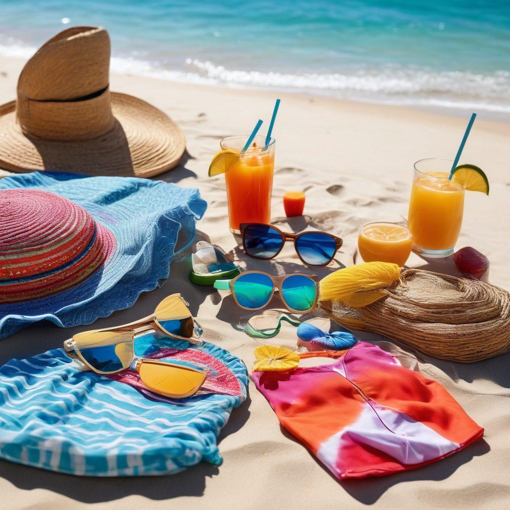 A vibrant beach scene showcasing an array of stylish beachwear and accessories spread out on a sandy shore. Include colorful bikinis, chic cover-ups, large sunglasses, and trendy beach bags, surrounded by sun loungers and a cocktail. The sun is shining brightly with a clear blue sky in the background, capturing the essence of a perfect day at the beach. super-realistic. vibrant colors. sunny atmosphere.